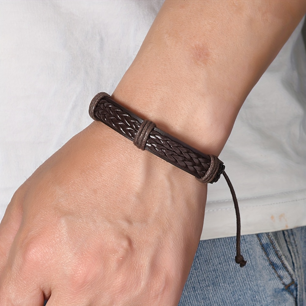 Adjustable Vintage Handwoven Leather Bracelet Dark Brown